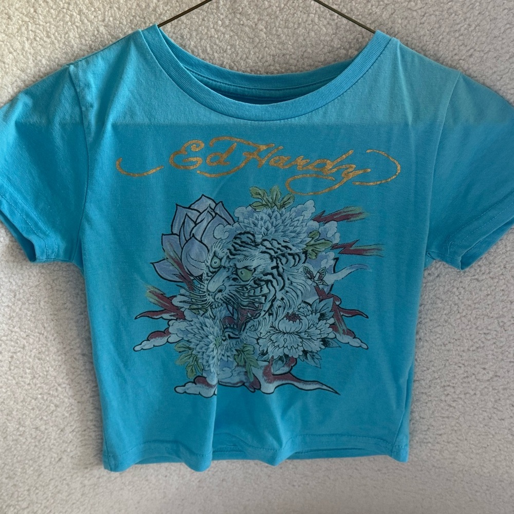 Ed Hardy Turquoise Cropped Tee with Tiger Design